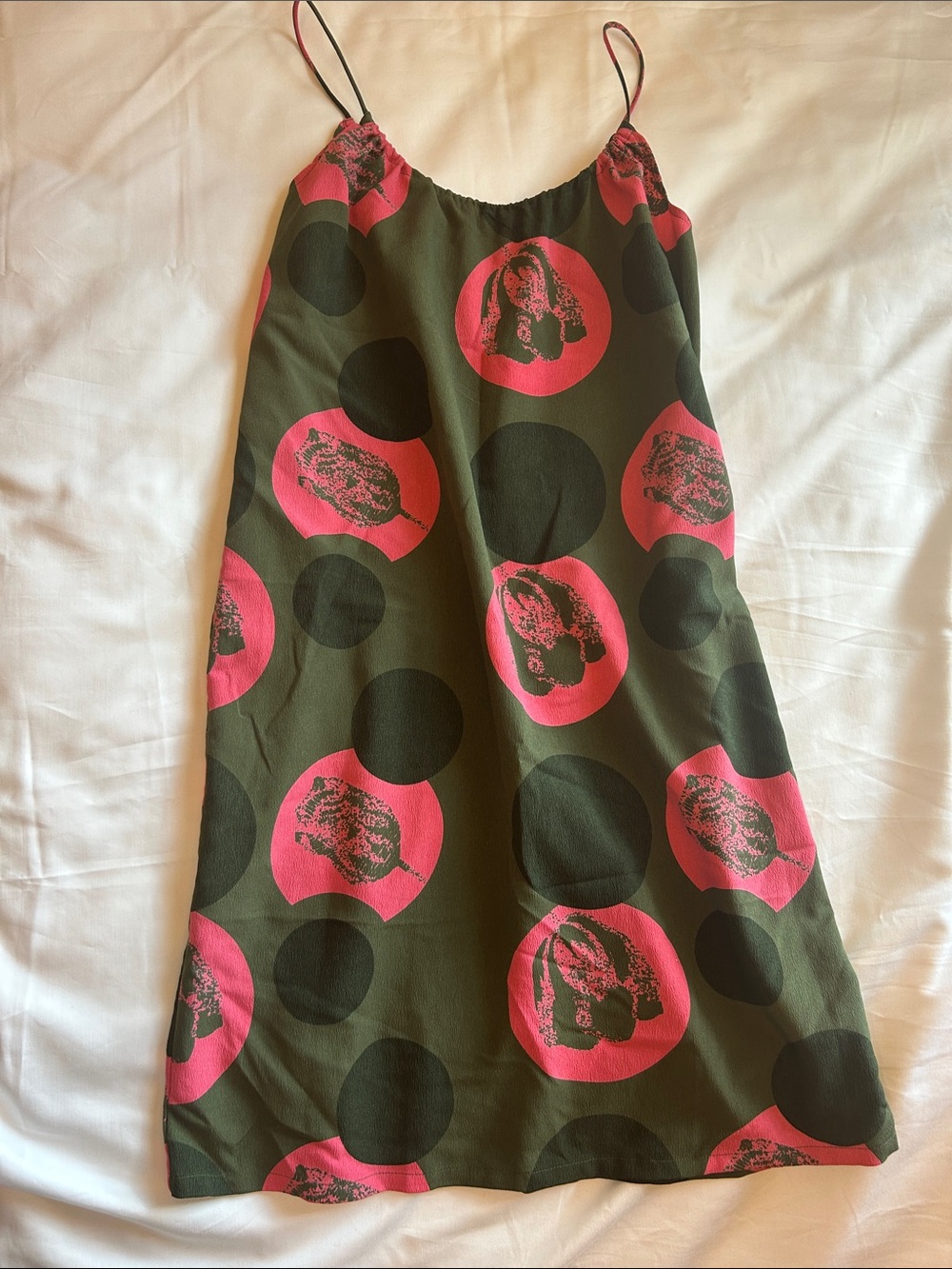 Tucker Olive Green Slip Dress with Pink and dark green Polka Circles